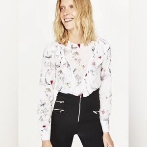 Zara Ruffle‎ Whimsical Tattoo Print White Popover Blouse Medium